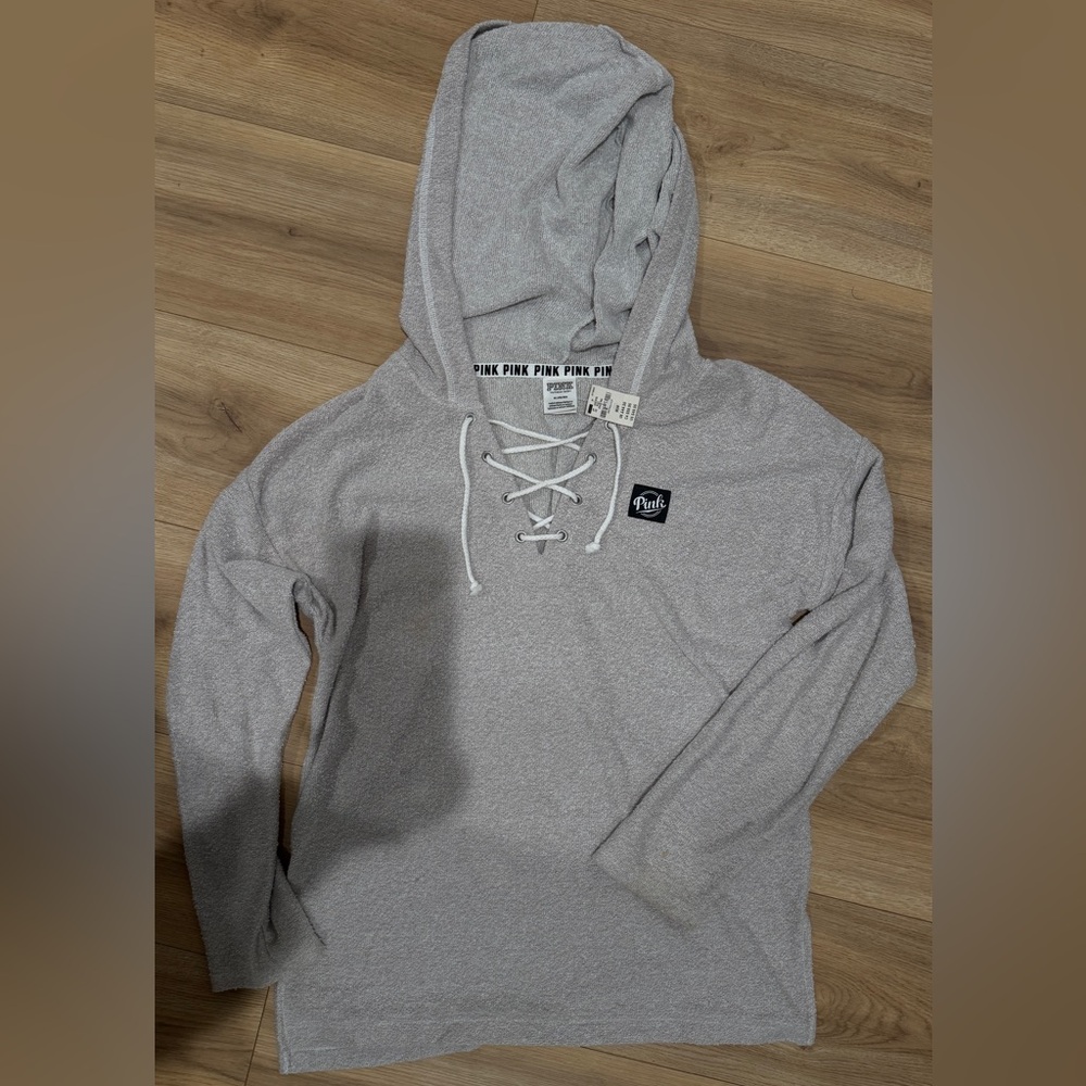 PINK Tan & White Lace-Up Pullover